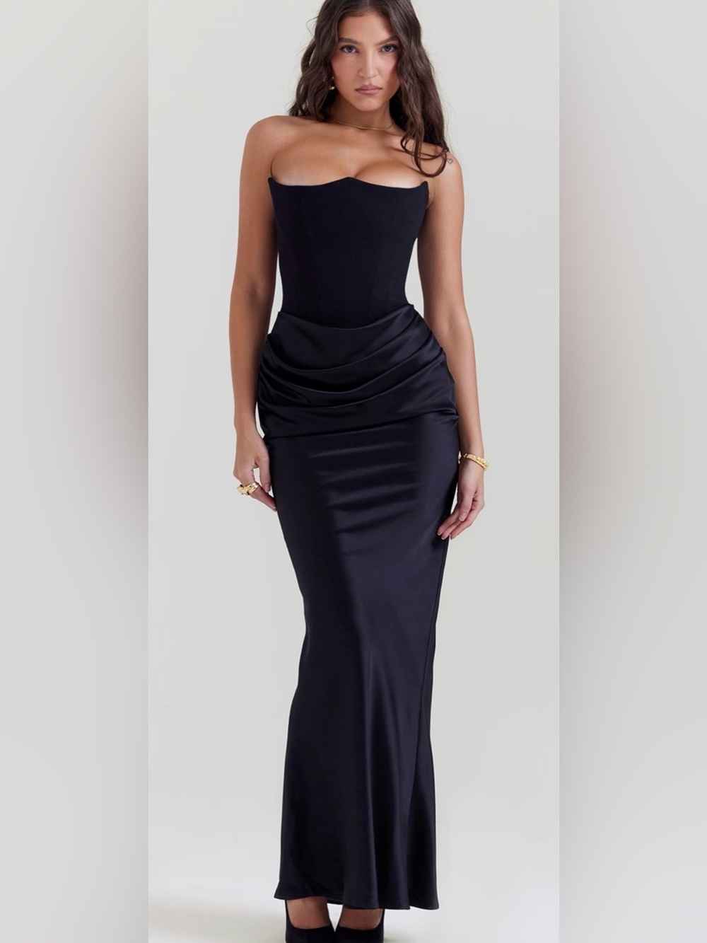 Strapless Black Satin Drape Evening Gown